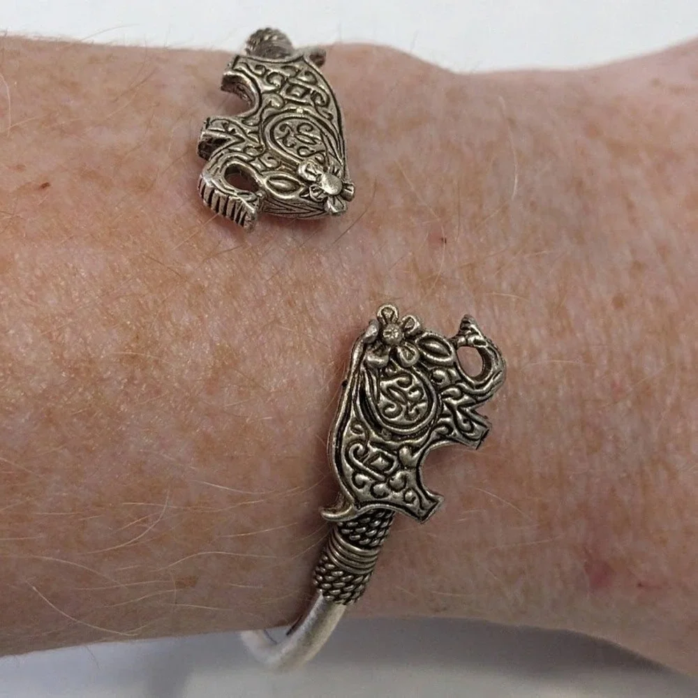 QVC Sterling Silver .925 Elephant Bypass Cuff Bracelet Antiqued Ornate Filigree